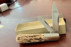 Orig Colonel Coon 2 Blade Barlow w/ Great Stag Handles & colonel coon blade etch & Orig Box