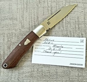 JGood ,Jason, Customs Micarta NATIVE ,box/coa,3 13/16"CLSD,AEB-L blade backspring ,lanyard tube