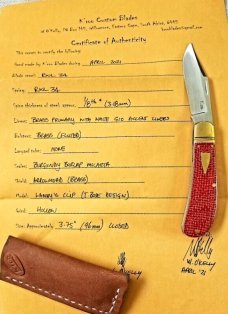 K'roo Custom Lanny,3.75".. micarta scales&brass..white spacers..fluted bolsters. .filework, coa&slip