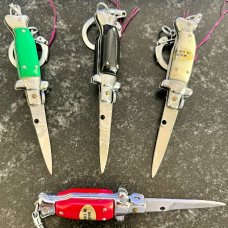 Miniature 3.5 Inch Fishtail Switchblade Knife, W/ Keychain Attachment, Unused Miniature 3.5 Inch Fishtail Switchblade Knife, W/ Keychain Attachment, Unused