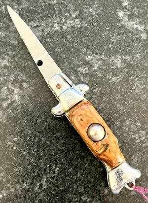 Miniature 3.5 Inch Fishtail Switchblade Knife, W/ Rescaled Wood Handle, Unused
