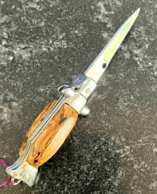 Miniature 3.5 Inch Fishtail Switchblade Knife, W/ Rescaled Wood Handle, Unused Miniature 3.5 Inch Fishtail Switchblade Knife, W/ Rescaled Wood Handle, Unused