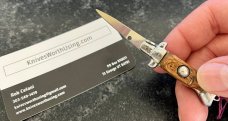 Miniature 3.5 Inch Fishtail Switchblade Knife, W/ Rescaled Wood Handle, Unused Miniature 3.5 Inch Fishtail Switchblade Knife, W/ Rescaled Wood Handle, Unused