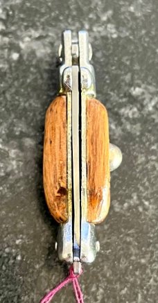 Miniature 3.5 Inch Fishtail Switchblade Knife, W/ Rescaled Wood Handle, Unused Miniature 3.5 Inch Fishtail Switchblade Knife, W/ Rescaled Wood Handle, Unused