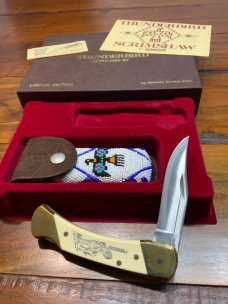 Schrade + USA Thunderbird / beaded sheath and box & paperwork. Schrade + USA Thunderbird / beaded sheath and box & paperwork.