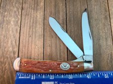 Moore Maker Trapper with Liner Locking Primary Blade Burnt Orange Jigged Bone 1998 Moore Maker Trapper with Liner Locking Primary Blade Burnt Orange Jigged Bone 1998