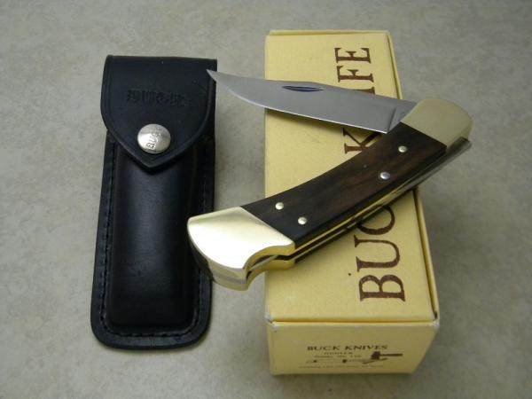 Buck 110 USA Hunter Wood Folding Lockback Knife & Pouch in Box - 4 Dot Marking c.1981-1986