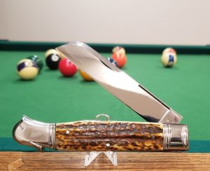 Big Custom Made Bird's Head Bolster Knife, Premium stag handle