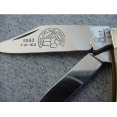 Vintage Queen(Crown) U.S.A., 1983, Etched, Pick-Bone Handle Gunstock Pattern Pocket Knife Vintage Queen(Crown) U.S.A., 1983, Etched, Pick-Bone Handle Gunstock Pattern Pocket Knife