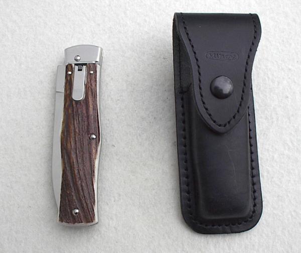 NEW OLD STOCK MIKOV PREDATOR CZECH REPUBLIC GENUINE STAG LEVER LOCK - W/ LEATHER BELT SHEATH