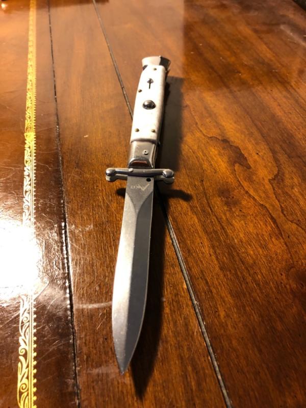 9 INCH AKC IVORY HANDLE SWING GUARD AUTOMATIC SWITCH BLADE  STILETTO KNIFE WITH CUSTOM ETCHED BLADE
