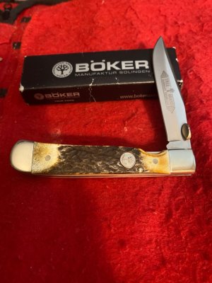Boker Tree Brand Solingen Germany Fat & Gnarly Stag Handle EZ Open Single Blade Trapperlock 