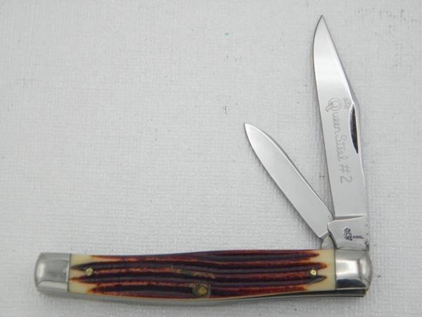 Queen Cutlery #2 two blade jack burnt orange imitation Winterbottom bone: 3 3/8” closed, 1958 - 196 Queen Cutlery #2 two blade jack burnt orange imitation Winterbottom bone: 3 3/8” closed, 1958 - 196