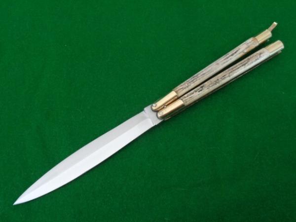 early Philippine BONE STAG Double Edge Dagger Grind Balisong Butterfly Knife NICE !