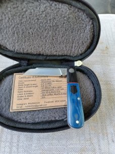 MDK Sheepsfoot Barlow,3.5" Blue linen Micarta black g10 bolsters & shield.red liners..N690,coa pouch MDK Sheepsfoot Barlow,3.5" Blue linen Micarta black g10 bolsters & shield.red liners..N690,coa pouch