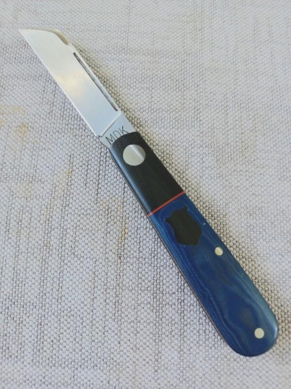 MDK Sheepsfoot Barlow,3.5" Blue linen Micarta black g10 bolsters & shield.red liners..N690,coa pouch MDK Sheepsfoot Barlow,3.5" Blue linen Micarta black g10 bolsters & shield.red liners..N690,coa pouch