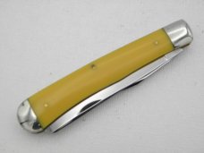 Queen Cutlery #19A Trapper: 4 1/8” closed, circa 1974, etched blade, amber handles Queen Cutlery #19A Trapper: 4 1/8” closed, circa 1974, etched blade, amber handles
