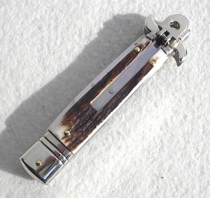 NEW AKC ITALIAN LEVERLETTO 8" GENUINE STAG WITH NEW MODIFIED BAYONET BLADE NICKEL SILVER BOLSTERS 