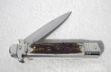 NEW AKC ITALIAN LEVERLETTO 8" GENUINE STAG WITH NEW MODIFIED BAYONET BLADE NICKEL SILVER BOLSTERS 