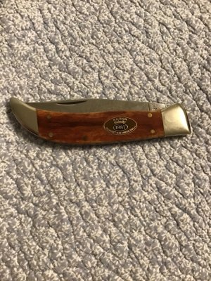 1987 KABAR OLEANS NY SMOOTH CHESTNUT BONE HANDLE GRIZZLY COLLECTORS CLUB FOLDING HUNTER KNIFE