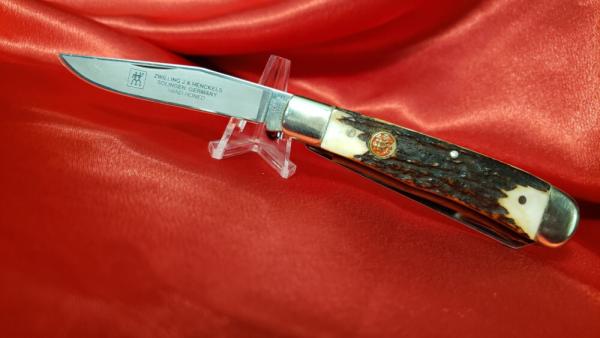 J A Henckels Stag Full sized 2 Blade Trapper, Solingen Germany, Not used or re-sharpened Strong etch