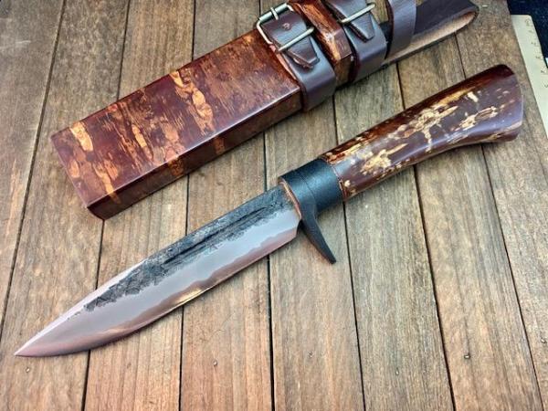 Kanetsune for A.G. Russell Fixed Blade White Steel Damascus Cherry Wood Handle Kanetsune for A.G. Russell Fixed Blade White Steel Damascus Cherry Wood Handle