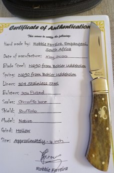Robbie Ferreira,MDK, Giraffe bone Native, N690, fluted bolsters, 4" closed,pouch and coa,MDKs newest Robbie Ferreira,MDK, Giraffe bone Native, N690, fluted bolsters, 4" closed,pouch and coa,MDKs newest