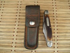 SCHRADE OLD TIMER 858 LUMBERJACK U.S.A. VINTAGE OLDER HIGH CARBON STEEL BLADES POCKET KNIFE & SHEATH