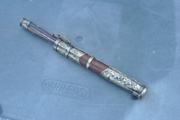 Tibetan Travelers Fixed Blade In Sheath Pinned Full Tang Used Older Wood White Metal Work Design