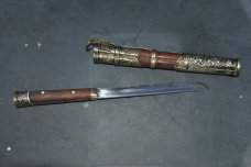 Tibetan Travelers Fixed Blade In Sheath Pinned Full Tang Used Older Wood White Metal Work Design