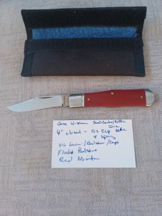 Gene Wiseman Custom Coffin/Swell Center Jack, D2 Clip blade,Red linen Micarta, 4" closed,Fluted 