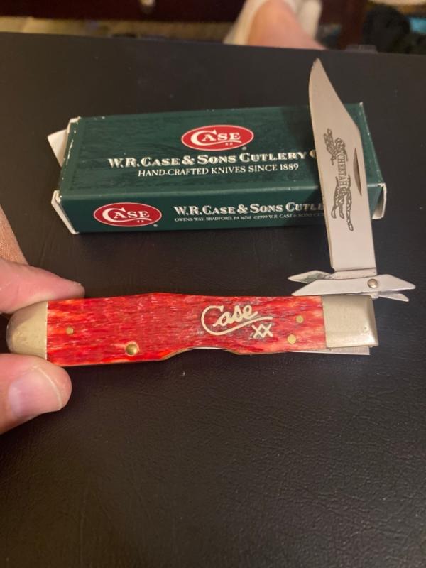 2004 Case XX USA 6111 1/2L SS Red Bone Handle Cheetah Silver Script With Single Blade NIB