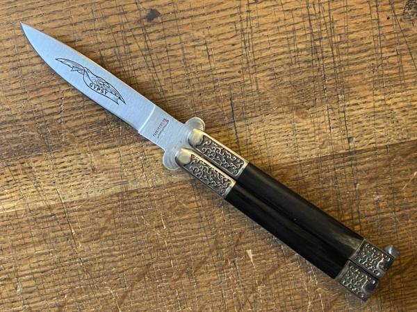 Vintage PARKER CUT CO JAPAN butterfly knife  etched blade horn handle scroll bolsters fast shipping