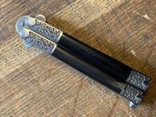 Vintage PARKER CUT CO JAPAN butterfly knife  etched blade horn handle scroll bolsters fast shipping