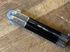 Vintage PARKER CUT CO JAPAN butterfly knife  etched blade horn handle scroll bolsters fast shipping