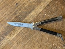 Vintage PARKER CUT CO JAPAN butterfly knife  etched blade horn handle scroll bolsters fast shipping
