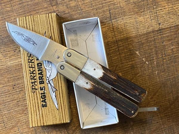 Vintage PARKER JAPAN Stag Butterfly Knife unused in orig box fast ship w/tracking Vintage PARKER JAPAN Stag Butterfly Knife unused in orig box fast ship w/tracking