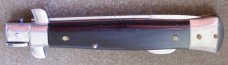 Vintage lockback MADE IN ITALY manual STILETTO KNIFE w/ cream brown & black HORN handle scales Vintage lockback MADE IN ITALY manual STILETTO KNIFE w/ cream brown & black HORN handle scales