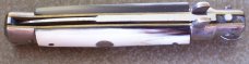 Vintage lockback MADE IN ITALY manual STILETTO KNIFE w/ cream brown & black HORN handle scales Vintage lockback MADE IN ITALY manual STILETTO KNIFE w/ cream brown & black HORN handle scales