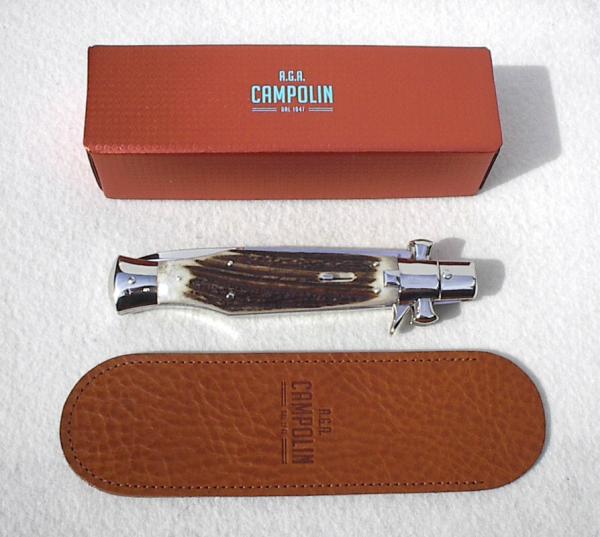 NEW AGA CAMPOILN ( BLACK WIDOW ) 11" STAG 5MM BLADE MANIAGO ITALY - W/BOX & LEATHER POUCH