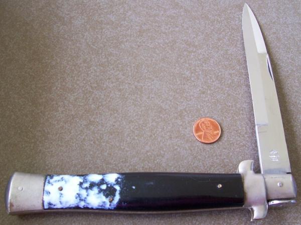 Vintage large picklock ROSCO JAPAN manual STILETTO KNIFE w/ mottled imitation Horn handle scales Vintage large picklock ROSCO JAPAN manual STILETTO KNIFE w/ mottled imitation Horn handle scales