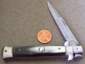 Vintage ROMO ITALY manual STILETTO folding KNIFE w/ green & brown HORN handle scales