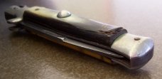 Vintage ROMO ITALY manual STILETTO folding KNIFE w/ green & brown HORN handle scales Vintage ROMO ITALY manual STILETTO folding KNIFE w/ green & brown HORN handle scales