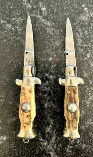 2 Miniature Switchblade Knives, Vertical INOX & INOX over ITALY Marks, Older Style, Stag Handles 