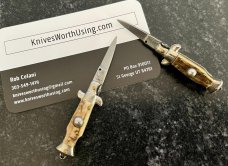 2 Miniature Switchblade Knives, Vertical INOX & INOX over ITALY Marks, Older Style, Stag Handles 2 Miniature Switchblade Knives, Vertical INOX & INOX over ITALY Marks, Older Style, Stag Handles