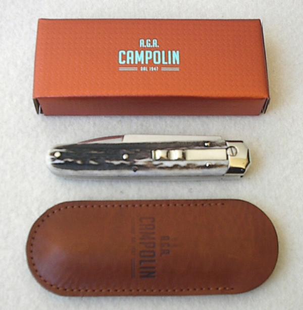 NEW AGA CAMPOLIN 8" GENUINE STAG AUTOMATIC BARON CAMPOLIN, ITALY W/BOX & LEATHER POUCH
