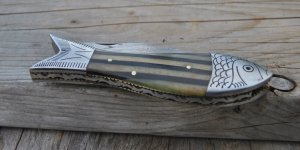 Damascus Figural Fish File Work 1 Blade Bone Handle 5" Closed Thick And heavy Non Locking Blade 