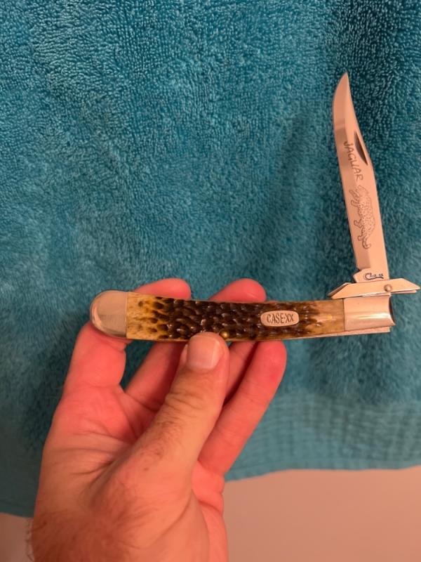 1997 Case XX USA 6151 SG SS Green Bone Handle JAGUAR With Large Single Blade With Swing Guard NIB 1997 Case XX USA 6151 SG SS Green Bone Handle JAGUAR With Large Single Blade With Swing Guard NIB