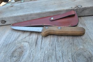 Dexter Mod. 13G6 Knife Wood Handle 10 3/4" Pre 1960 Leather Sheath Logo On Blade and Handle Unused?