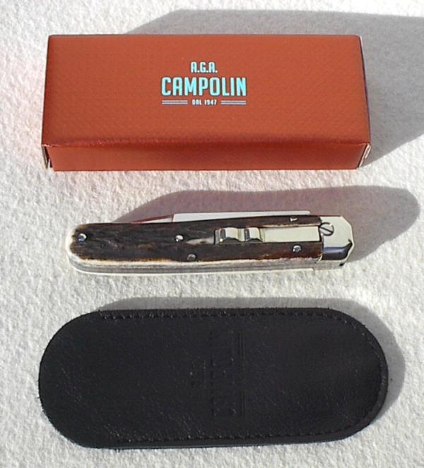 NEW AGA CAMPOLIN 8" GENUINE STAG AUTOMATIC BARON CAMPOLIN, ITALY W/BOX & LEATHER POUCH
